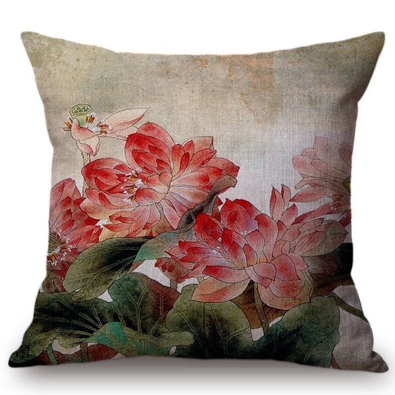 Chinese Retro Painting Style Classical Girl Lotus Cushion Covers Office Car Sofa Chair Home Decoration Cushion Cover Pillow Case