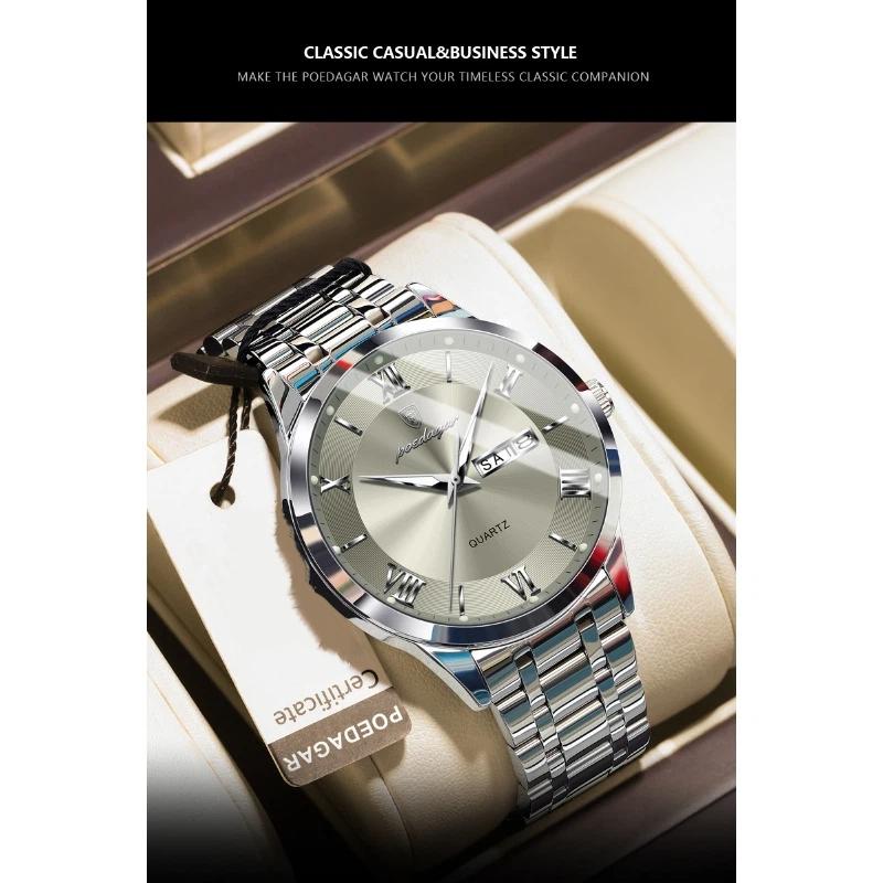 POEDAGAR Luxury Fashion Men Clock Waterproof Luminous Week Date Sports Wristwatch Stainless Steel Quartz Watches Reloj