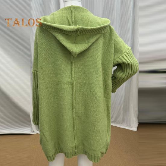 Women Sweater Coat Hooded Long Sleeve Ribbed Cuffs Open Front Knitting Coat Solid Color Mid-length Sweater Cardigan