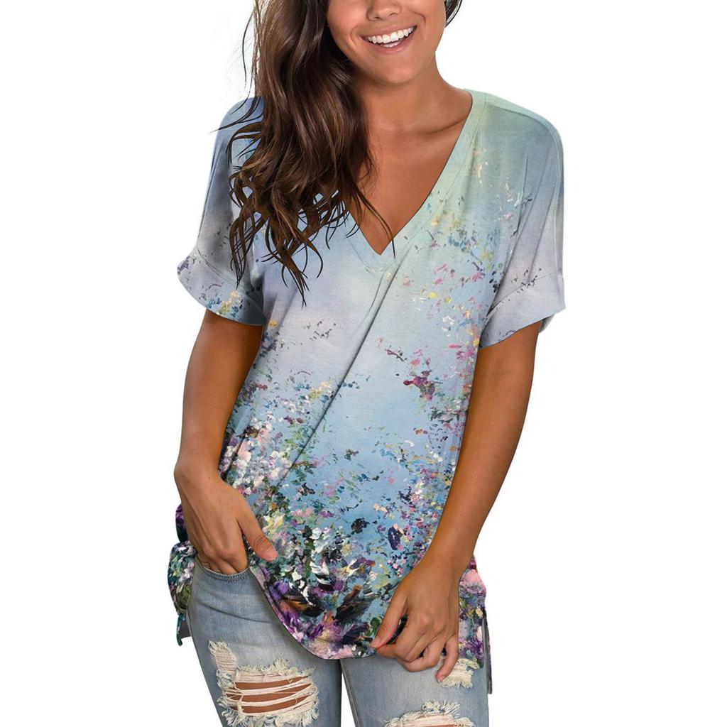 Summer V-neck 3D Coconut Tree Flowers Printed Top Fashionable Casual Short Sleeved Women's T-shirts