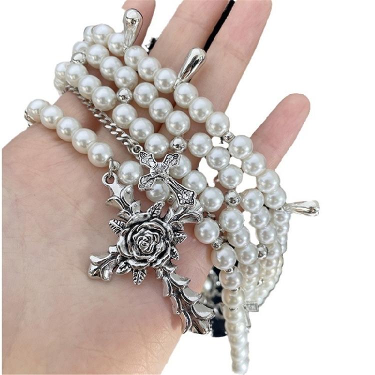 Fashionable Diamonds Sturdy Alloy Crosses Choker Necklace Pendant with Elegant Pearls Jewelry Accessory for Girls