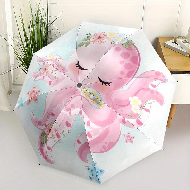 Octopus,Floral Automatic Folding Umbrella Simple 8 Rib Design, Bright Cartoon Pattern, Durable Iron Frame, Suitable For Travel, Outdoor, Be