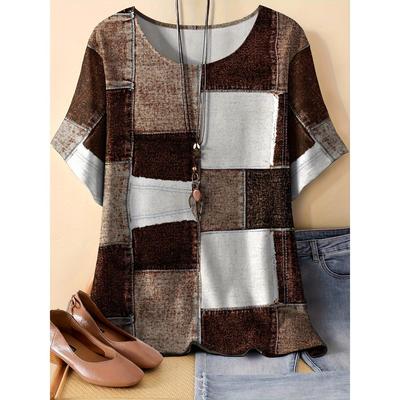 Plus Size Casual Crew Neck Short Sleeve Patchwork Print T-Shirt - Soft Medium Stretch Polyester Fabric Spring and Summer Womens Relaxed Fit Clothing