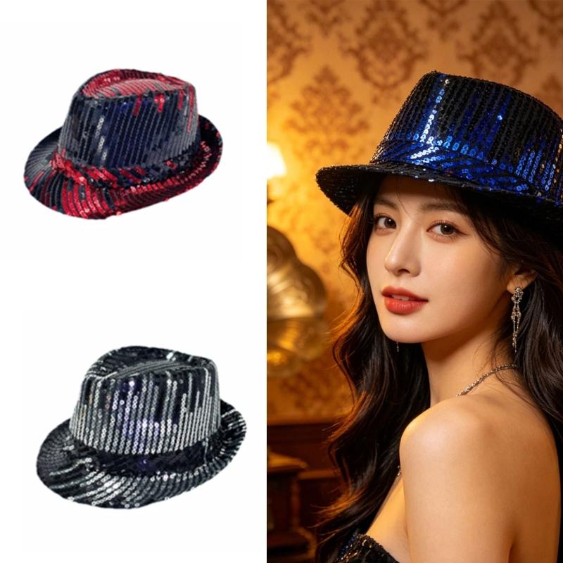 Cappello Baffo di Lusso con Accenti di Paillettes Cappello per Esibizioni di Danza sul Palco Cappello Scintillante Costume Copricapo Unisex per Occasioni Serale