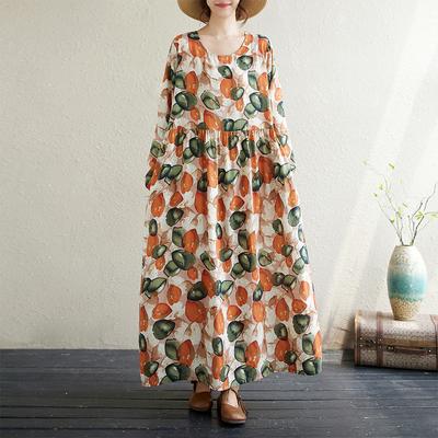 Autumn Art Retro Print Loose Slimming Plus Loose Casual Long Sleeved Mid Length Dress for Women Dresses