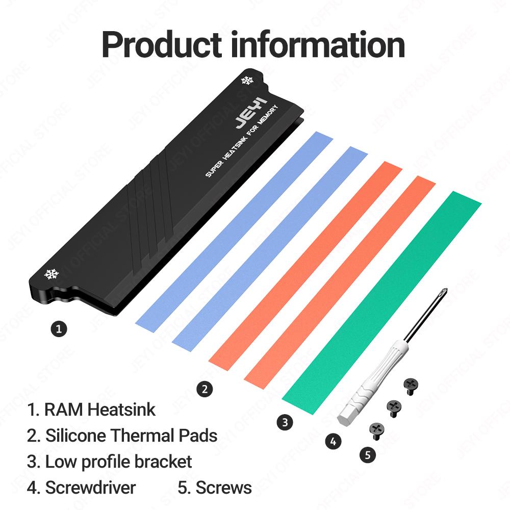 JEYI RAM Heatsink Cooler with Thermal Pads - Universal DDR2 DDR3 DDR4 DDR5 Memory Cooling for PC Desktop, DIY Heat Dissipation