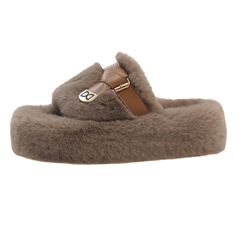 

Женские осенне-зимние тапочки на толстой подошве для улицы, нежные пушистые туфли, дизайн с одной перемычкой, большой размер, плюшевые тапочки 42 хаки