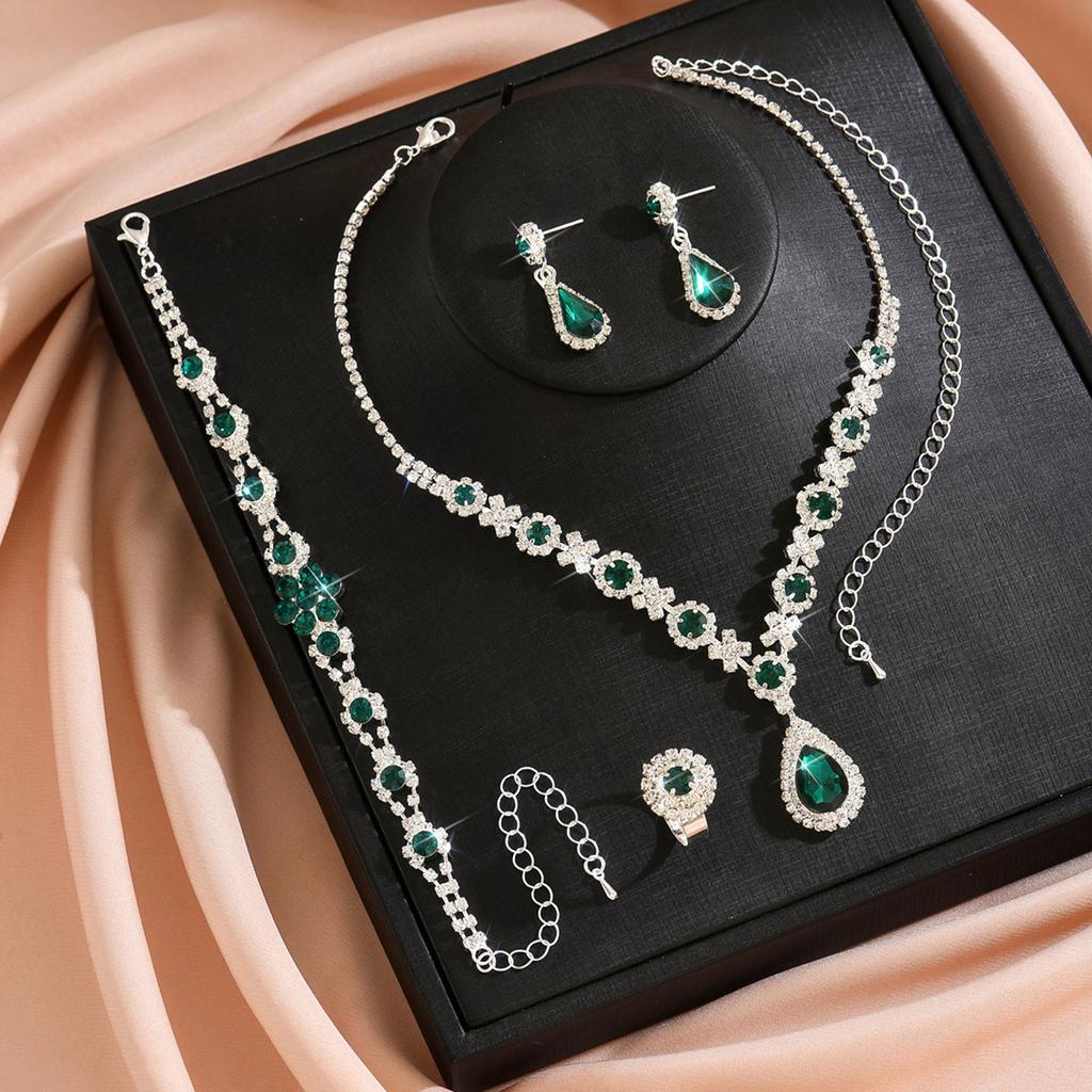Fashion Claw Chain Jewelry Colored Rhinestones Crystal Necklace Earrings Bracelet Ring Four-Piece Set Women