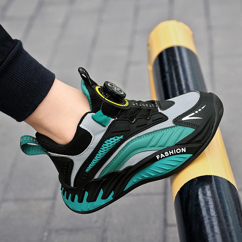 Boys' Shoes Autumn and Winter New Middle-aged and Older Children's Leather Waterproof Casual Sports Shoes Children's Rotating Buckle Running Shoes