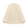 Womens Layered Romantic Blouse With Tie Detail Loose Fit Long Sleeve Top In Beige