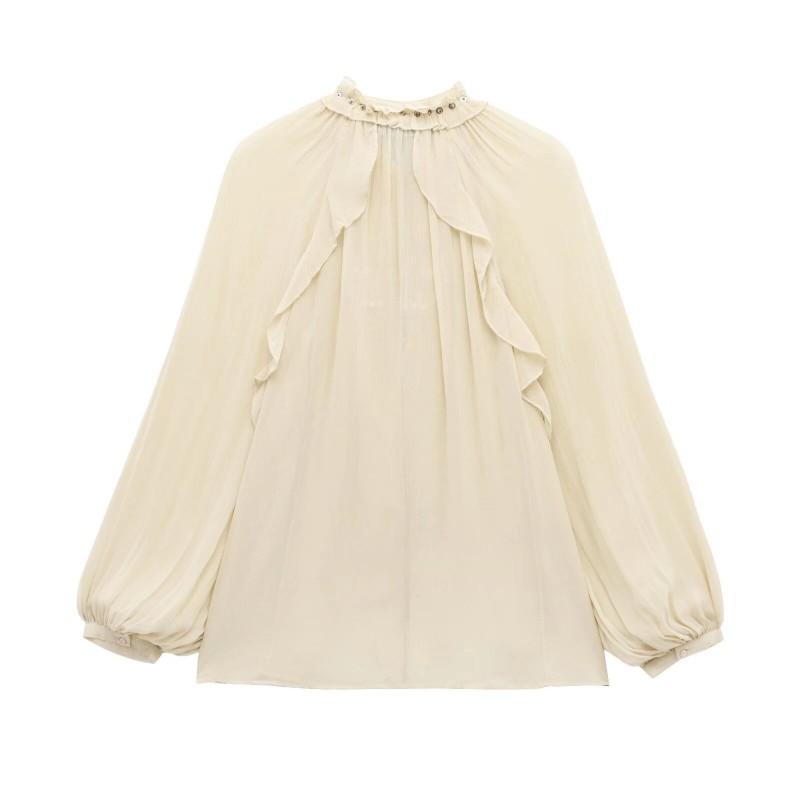 Womens Layered Romantic Blouse With Tie Detail Loose Fit Long Sleeve Top In Beige