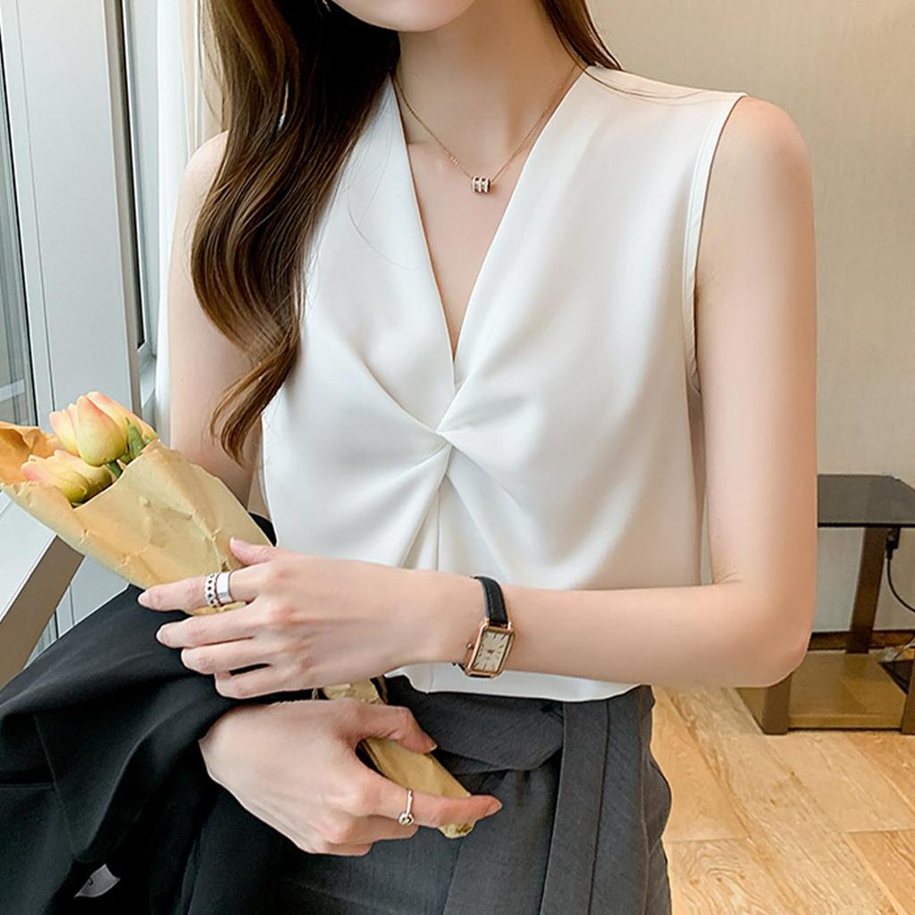 Blouses for Sleeveless Cut and Tank Summer Loose Office Cool To the Cool [SeiunAn] Women, Shirts, Tops, Summer, Chiffon, V-neck, Sewn, Neat, Top,