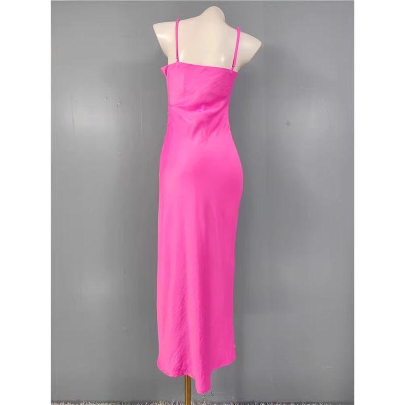Foreign Trade Order Ho Home Sling Smooth Satin Wrap-around Square Collar Pleat Split Temperament Elegant Summer New Dress