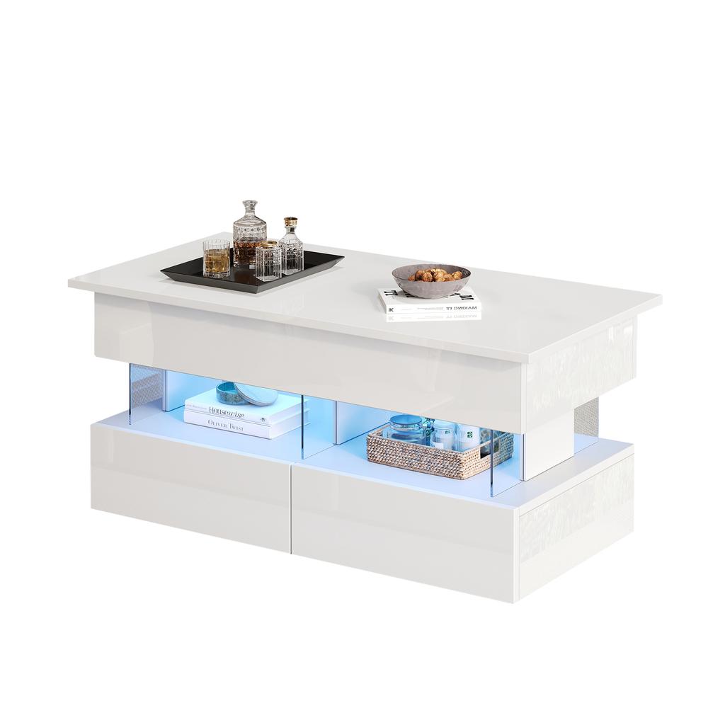 Tavolino Sollevabile 100 x 50 x 46 cm con Piano Regolabile in Altezza, Tavolino Laterale Bianco ad Alta Lucentezza con LED e 2 Cassetti, MDF + Acrilico