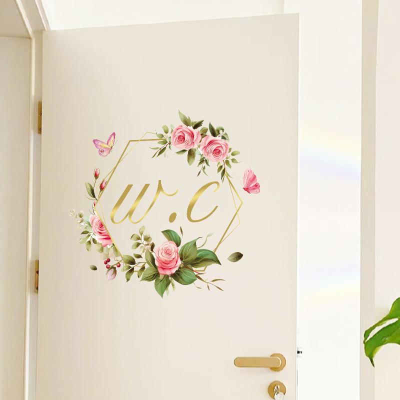 New Self-Adhesive Rose Butterfly Toilet Door Sticker Bathroom Wall Decoration Toilet Identification Sticker WC Sign Door Sticker