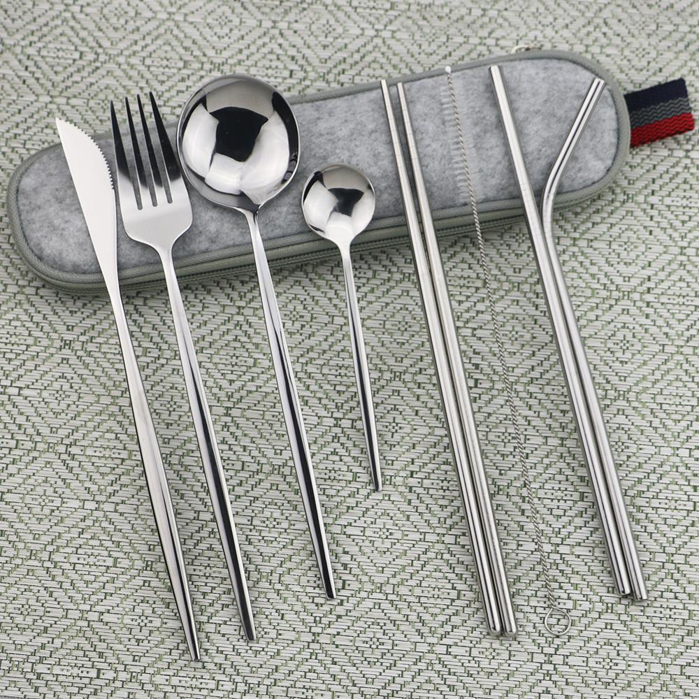 

9pcs/Set Travel Cutlery Set Portable Gold Dinnerware Set Stainless Steel Tableware Set With Metal Straw Brush Chopsticks Bag