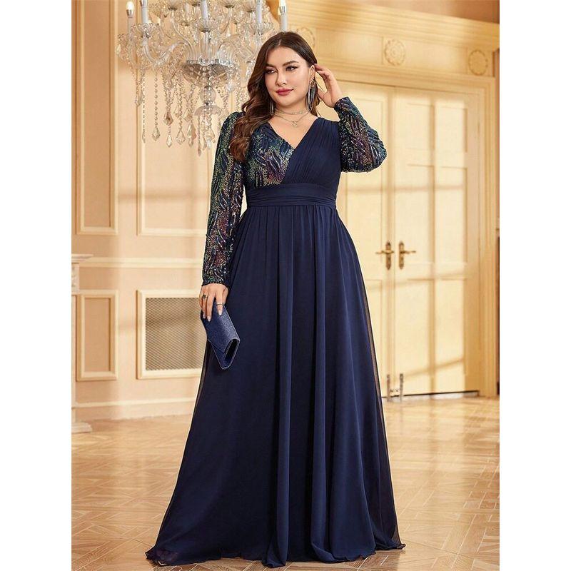 

European and American Plus-Size New Sequined Long-Sleeved Evening Dresses for Banquets, Parties, Annual Meetings, and Evening Events Party Dresses Dark Blue 1XL