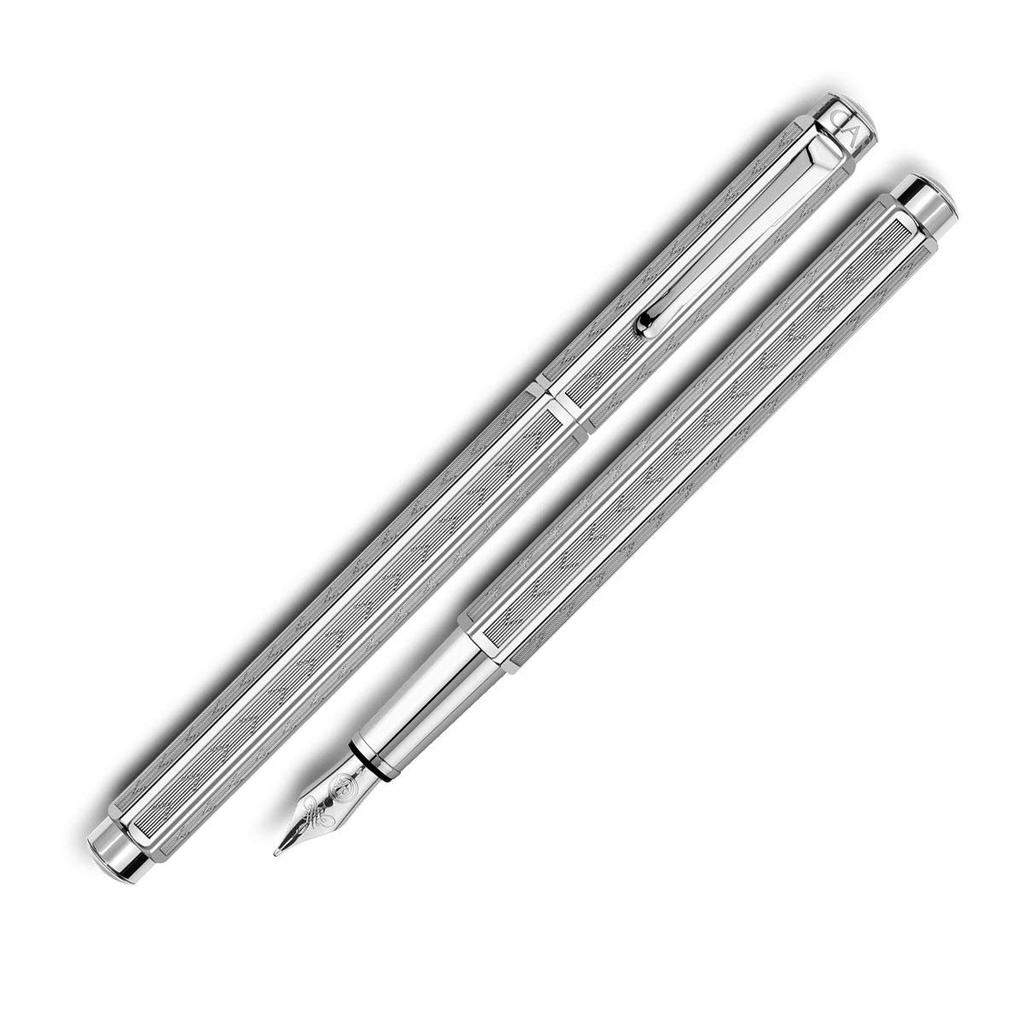 CARAN Ecridor Chevron Silver Fountain Medium Officially Imported D'ACHE Pen, Nib, 0958-286,