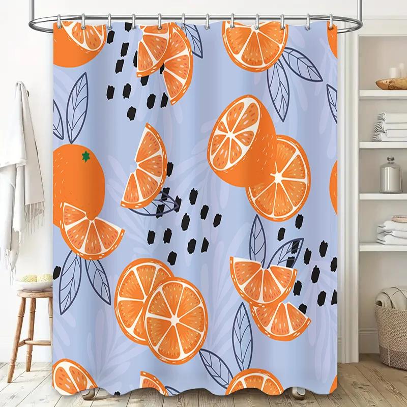Vibrant Orange Slice Shower Curtain for a Fresh Bathroom, Featuring Juicy Oranges and Leaves On a Light Blue Background