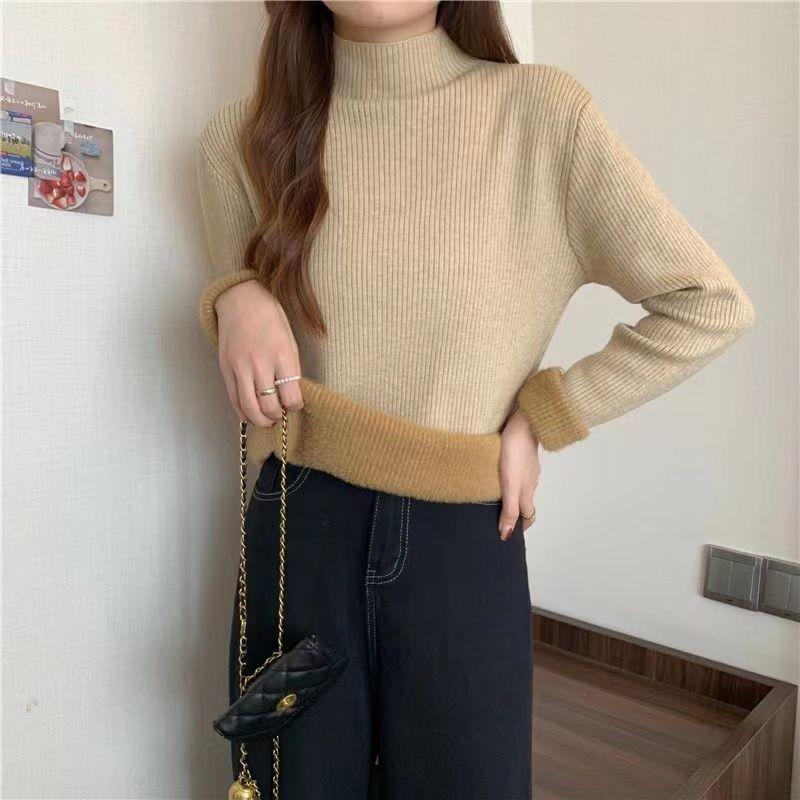 Fleece and Thickened Sweater Top for Women In Winter Semi-high-neck Pullover and Fitted Knitted Sweater Worn Inside