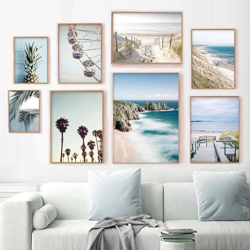 Ocean Poster Beach Sea Cliff Palm Tree Plank Road Canvas Painting Wall Art Nordic Landscape Ferris Wheel Print For Bedroom Decro