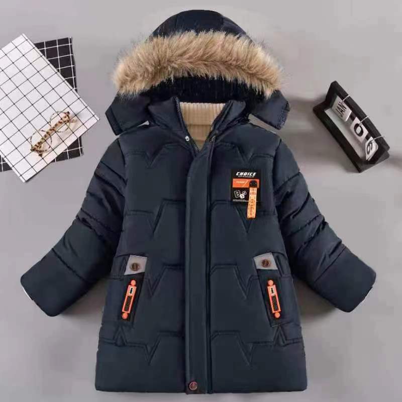 New Fashion Style Winter Keep Warm Boys Jacket Letter Lining With Plush Fur Collar Hooded Heavy Coat For Kids