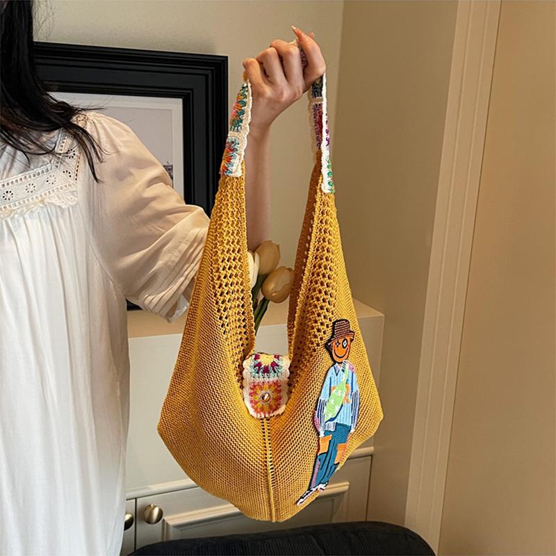 Carto Figure Hollow Mesh Knit Shoulder Bag,Beach Vacati Slouchy Chic Tote Bag,Lightweight Laid-Back Casual Women Handbag