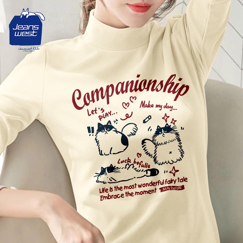 Jeanswest Club Women s Thermal Cat Print High-Neck Long Sleeve Top M