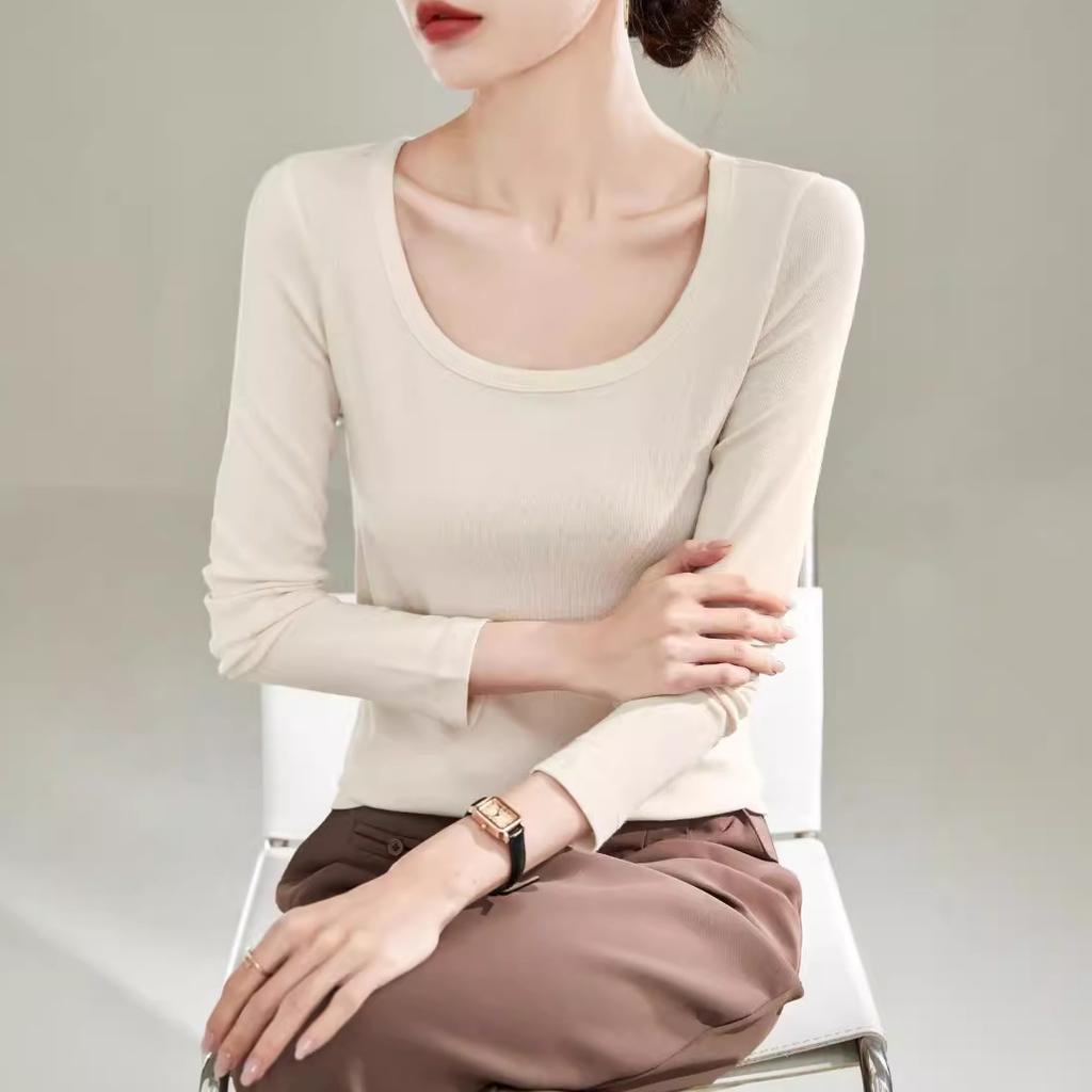 DeRong Spring and Autumn Base Shirt 2026 New Model U-Neck Slim Fit Long Sleeve T-Shirt Commuting Inner Layer Top for Women