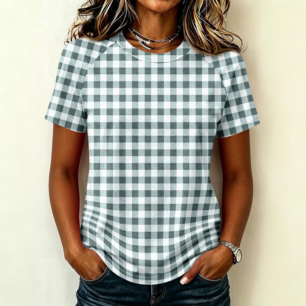 Women's Casual Raglan Sleeve Short Sleeve Top Crew Neck Checkered Print Lightweight Soft Fabric Blouse for Everyday Wear