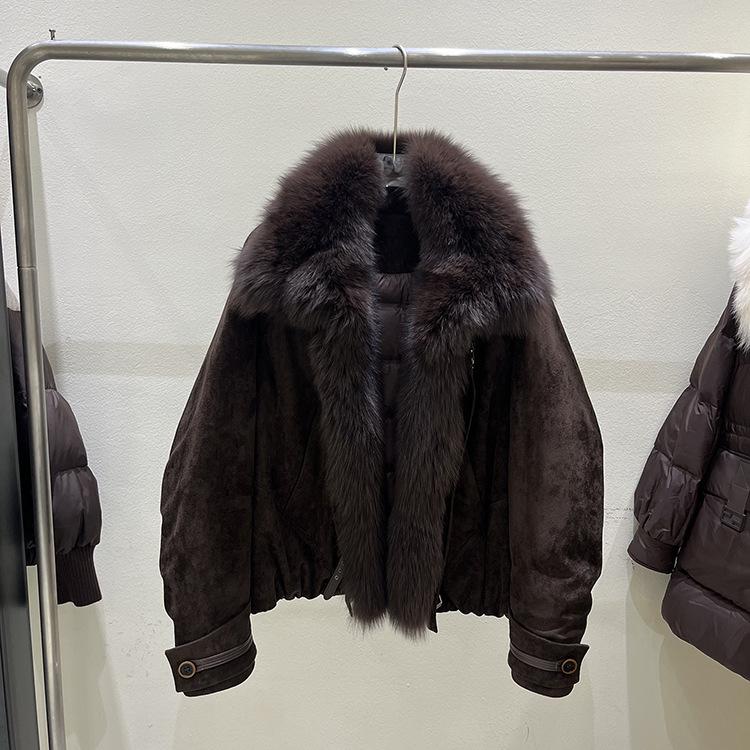 Winter new natural big fox fur collar suede down jacket women's short thickened warm pie overcome coat