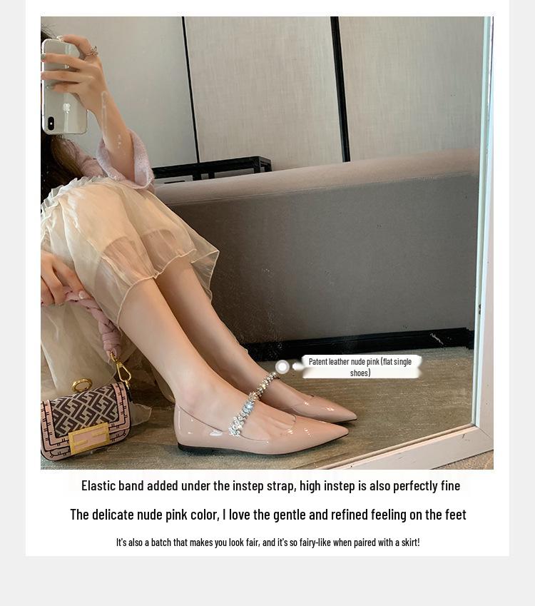 2025 Frühling/Sommer Damen Schuhe mit niedrigem Absatz und spitzer Zehenpartie mit Diamantriemchen – Zarter Feen-Stil