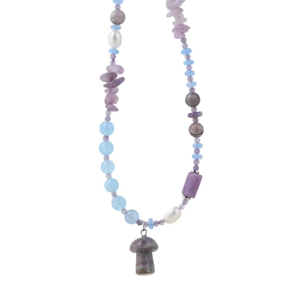 Pendentif Champignon en Lépidolite Pierre Naturelle Taro Lavande Chaîne de Clavicule - Style Jardin Monet Coréen