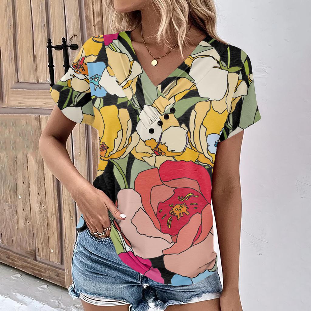 Summer Tops For Women Floral Pattern For Women V-Neck Short Sleeve Comfy Womens Tops Oversized Tshirts