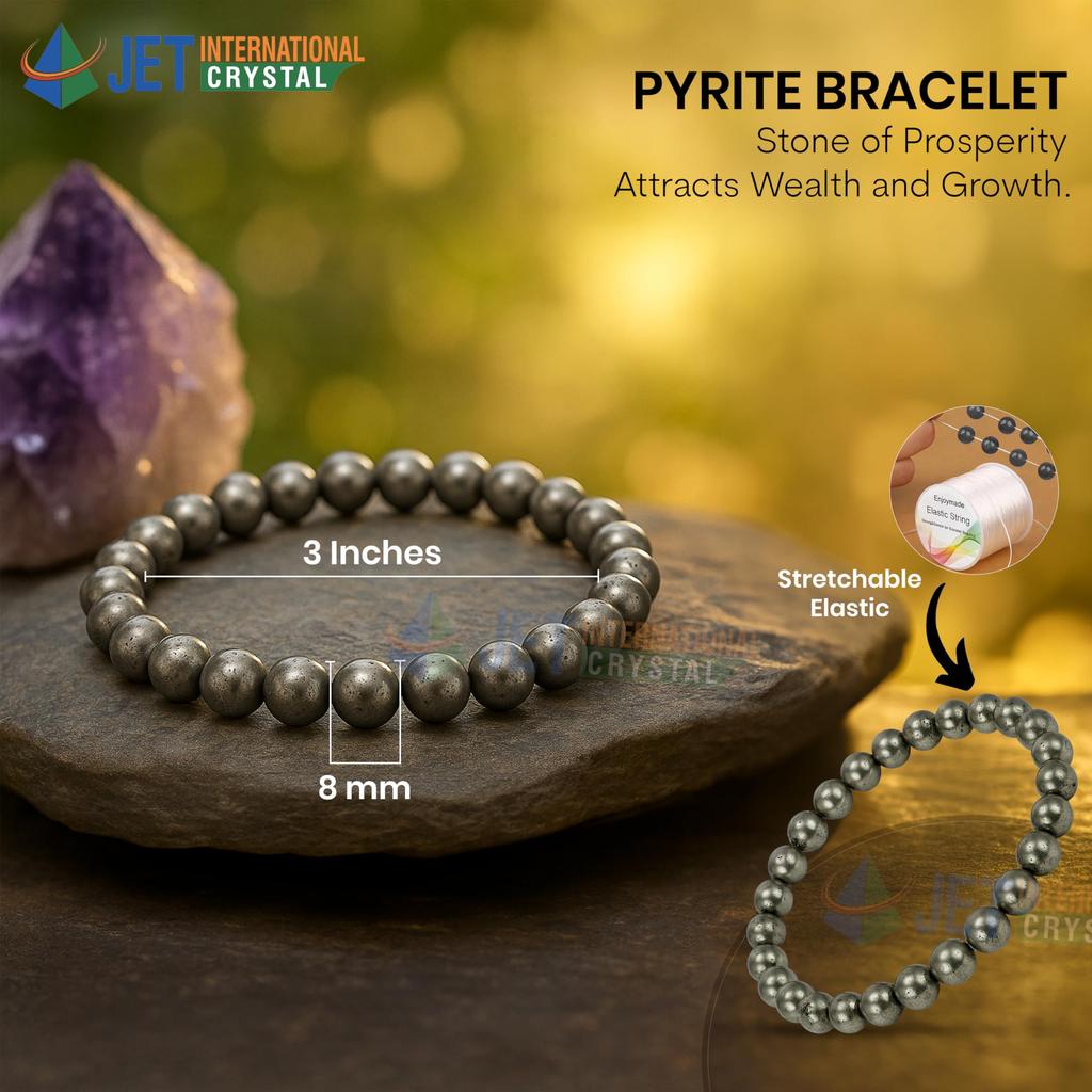 Jet Pyrite Crystal Bracelet for Wealth & Protection | Natural Money Magnet Pyrite Beads | Attract Abundance, Success & Confidence | With Authenti