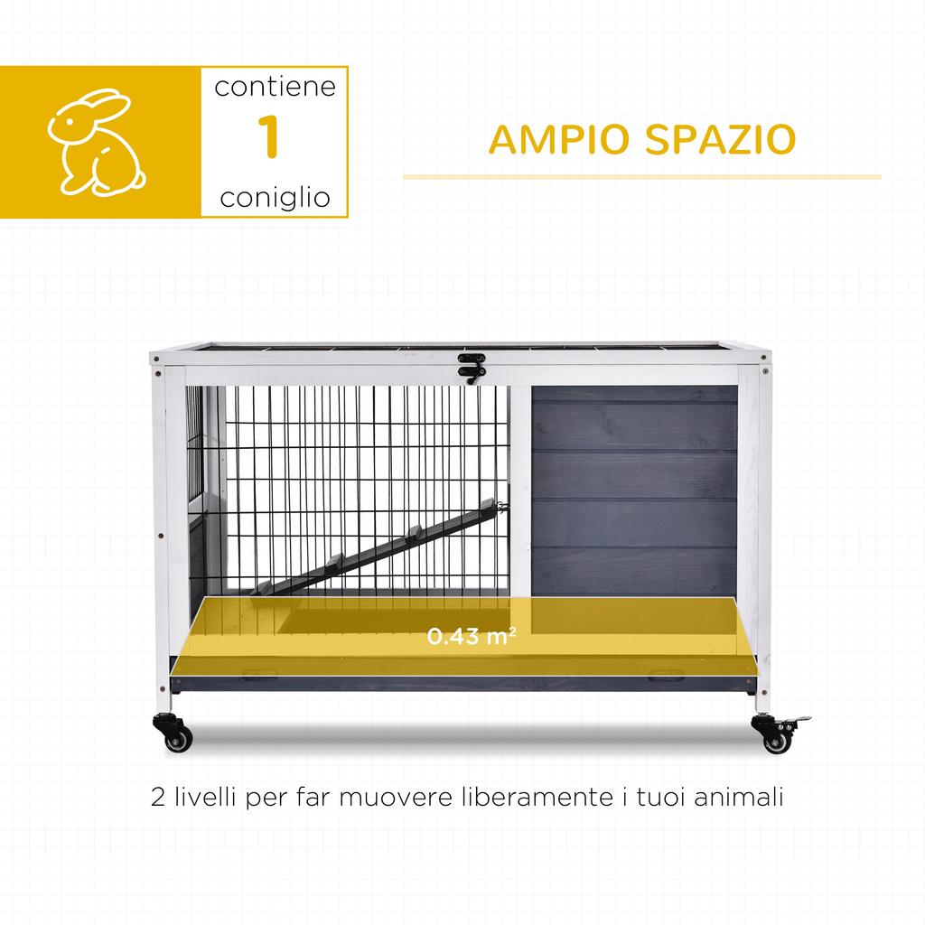 Rabbit and Guinea Pig Cage with 4 Wheels, House, Ramp and Removable Tray, Natural Wood, Grey and White, 90x53x59 cm