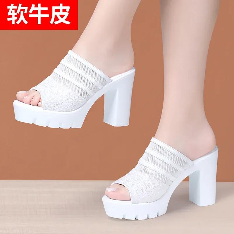 

10см Маленький Большой Размер 32-43 Элегантные Офисные Женские Шлепанцы со Стразами Платформа Слайды 2025 Летние Туфли на Блочном Высоком Каблуке для Повседневной Носки 43