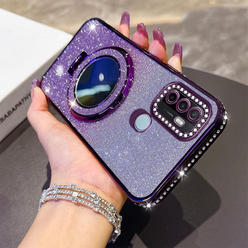 Women Girl's Diamond Make Up Mirror Phone Case For OPPO A32 A35 A38 A53 2020 A54 A57 A60 A74 Holder Plating Soft Silicone Cover