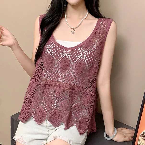 Chaleco de ganchillo de punto hueco para el verano de mujer con nuevo top de tirantes suelto bohemio sin mangas