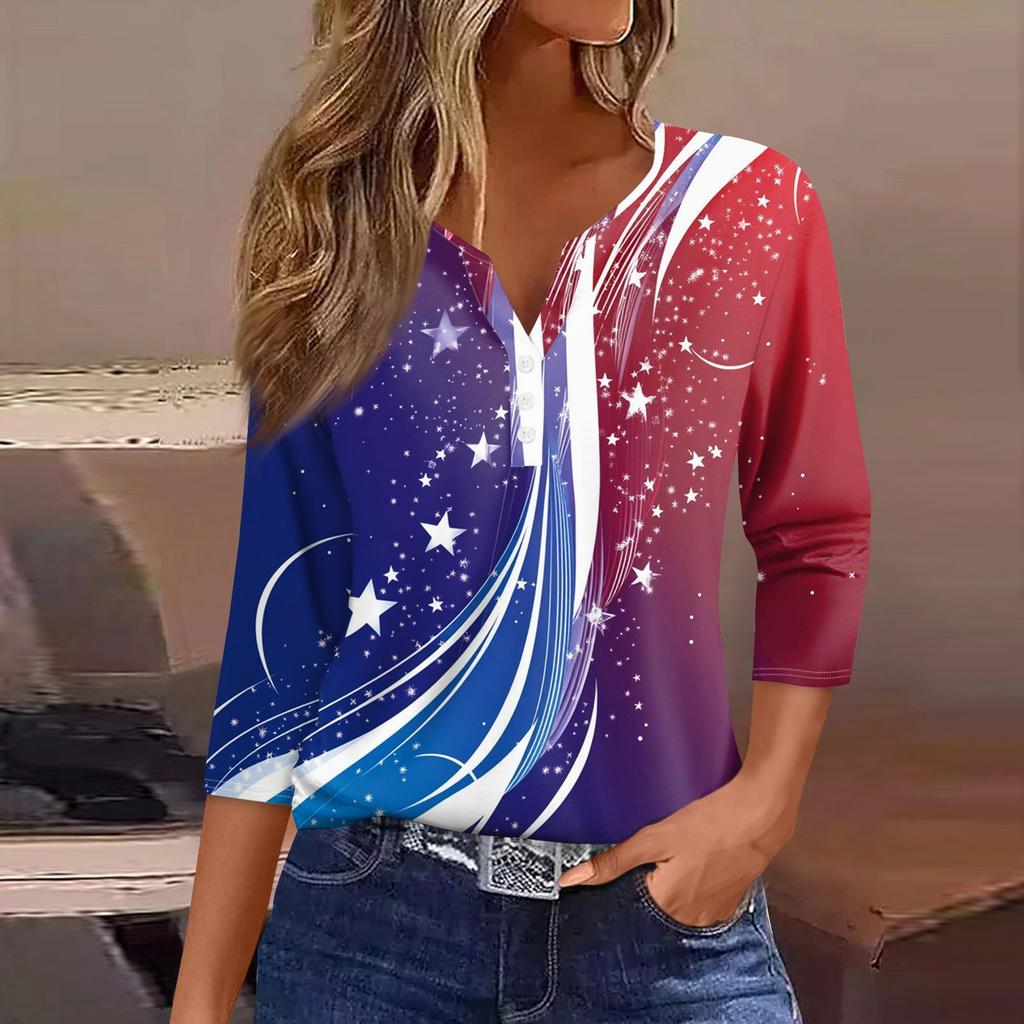 Dam T-shirt Tee Självständighetsdagen Tryckt Knapp 3/4 Ärm Tunika Vardag Helg Mode Grundläggande V-ringning Normal Topp
