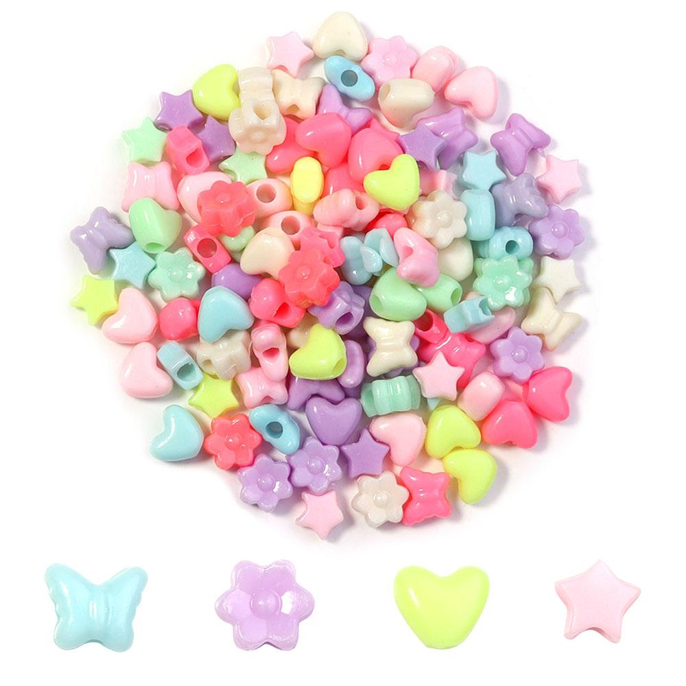200Pcs Acrylic Beads Candy Color Love Flower Star Butterfly Loose Bead for Jewelry Supplies DIY Bracelet Keychain Decoration
