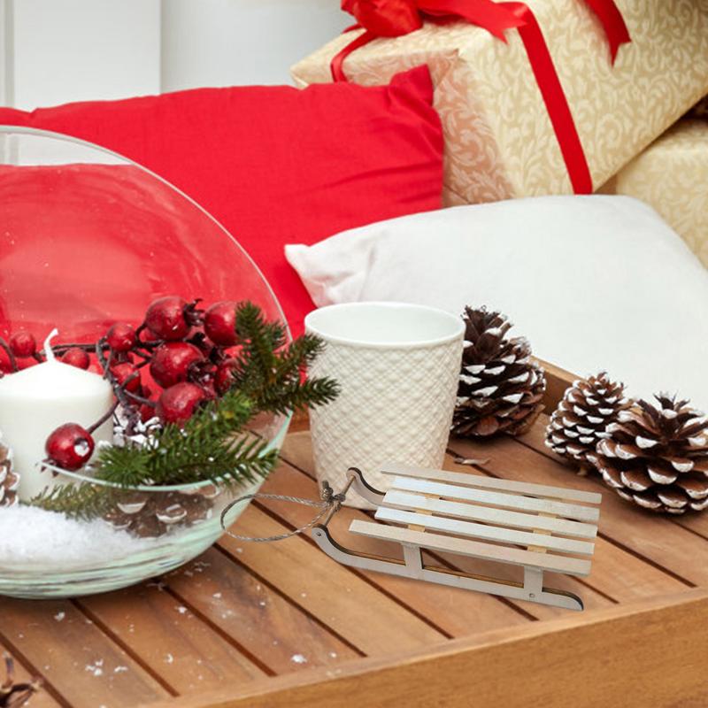 Dollhouse Miniature Wooden Sleigh Model Sled Desk Ornament Christmas Vintage Living Scene Tree Hanging Decor Xmas Gift Pendant