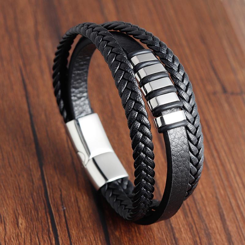 Bracciali alla moda in vera pelle da uomo Bracciali in corda intrecciata multistrato in acciaio inossidabile per gioielli da uomo e donna