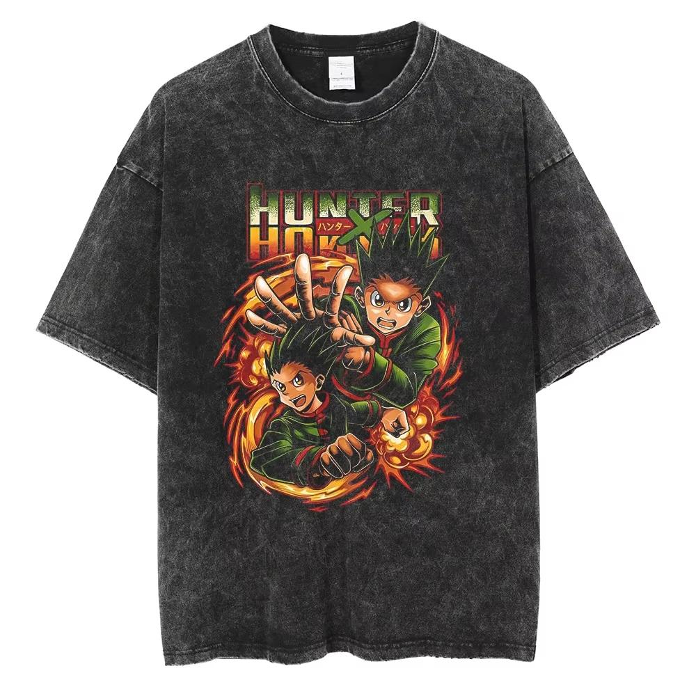 Hot Sale Anime HUNTER×HUNTER Vintage Washed T-shirt Men Women Casual Retro Loose Cotton T-shirt Harajuku Hip Hop Punk T-shirt
