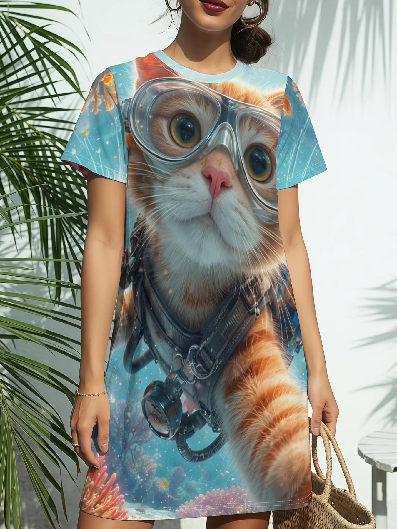 

Women s Short-Sleeve T-Shirt Dress with Round Neck - Cute Cat Portrait ; Kitten Print Dress Suitable for Daily Wear. Birthday Gifts. Spring Summer Out 7XL дубильна кора