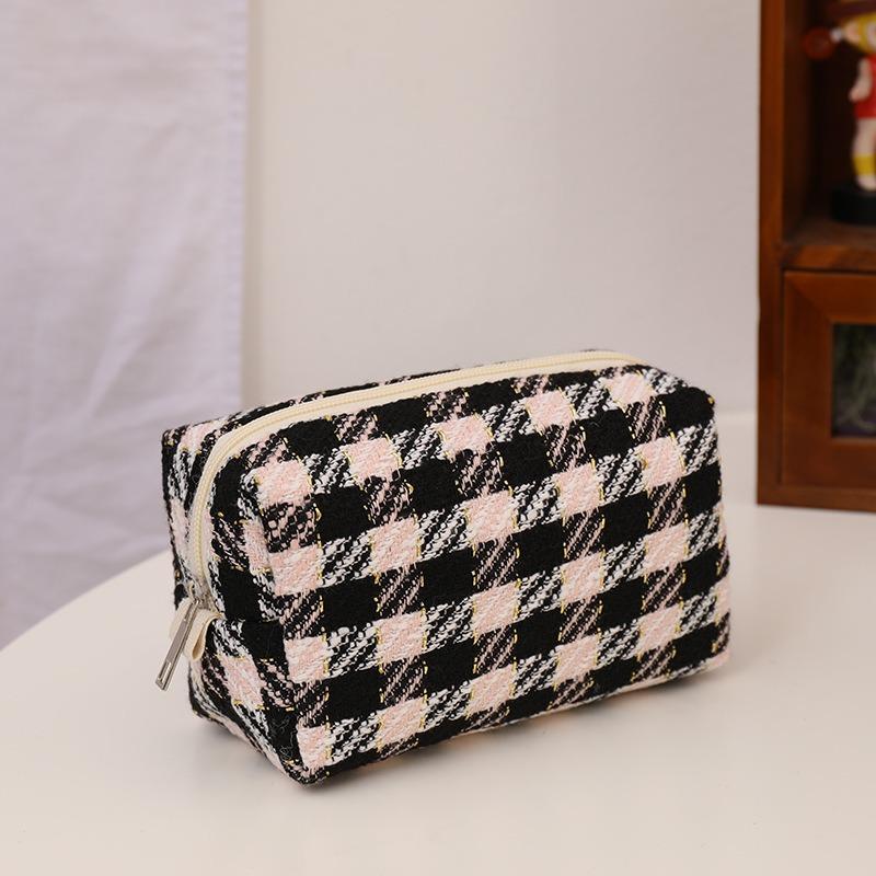 Kawaii Canvas Plaid Travel Cosmetic Lipstick Storage Bag Cute Women Makeup Kits Handbags Organizer Wallet Pencil Cases Pouch Bag