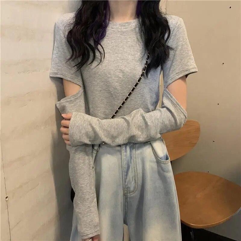 Langermede T-skjorter Kvinner Løse Hotsweet Hollow Out Crop Tops Studenter Mote Enkel All-match Våren Uformelt koreansk stil Ins