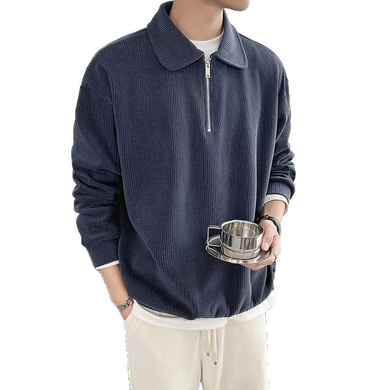 Trendy men's fashion ins trendy top ruffian handsome 2025 fashion lapel zipper long-sleeved POLO shirt