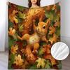 Cozy Squirrel & Maple Leaves Flannel Blanket - Soft Warm All-Season Bedspread with Red/Green/Yellow/Golden/Brown Autumn Foliage Print, Plush Bed Cover