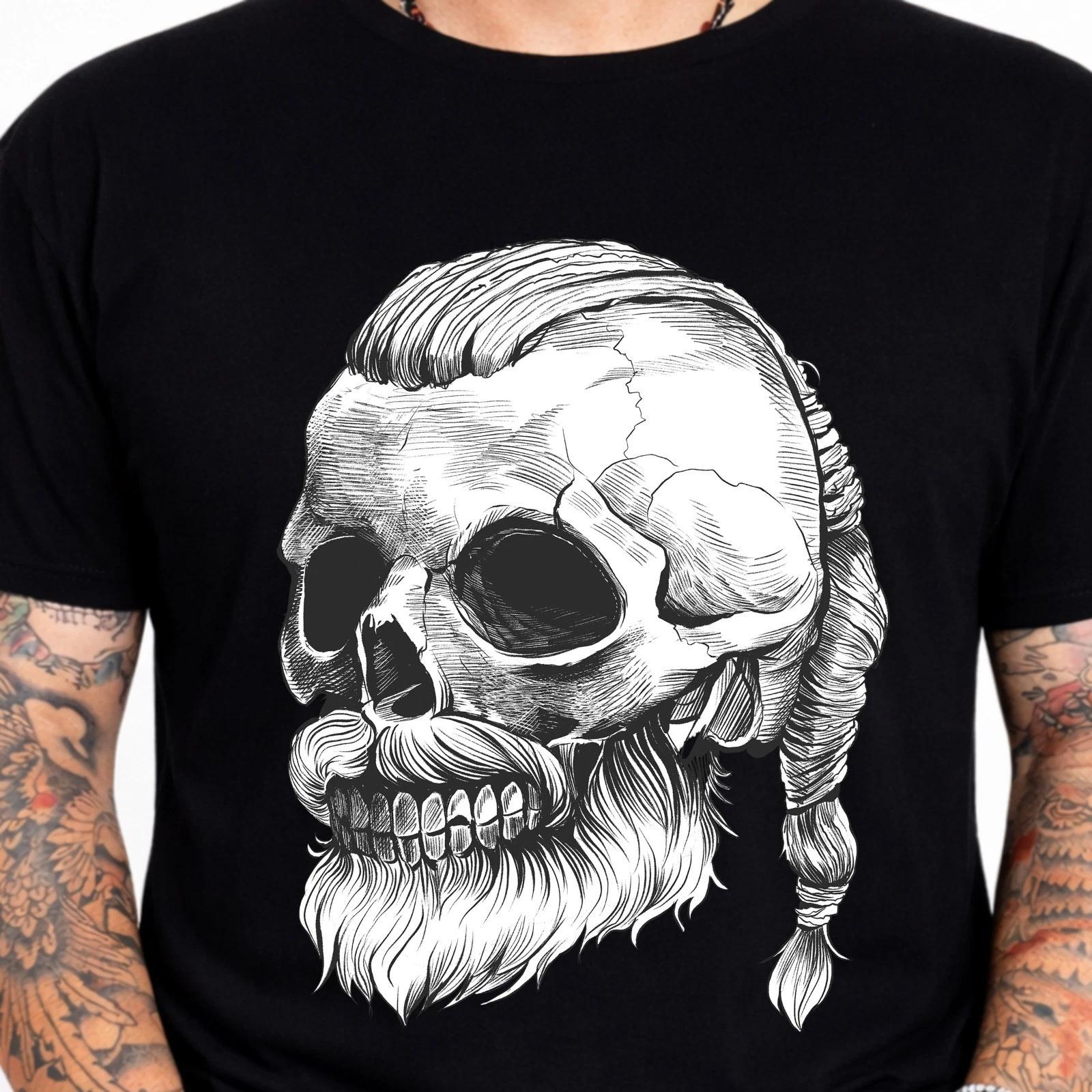 Viking Skull Braided Beard Norse Mythology Warrior Gothic Horror T-Shirt. XXL